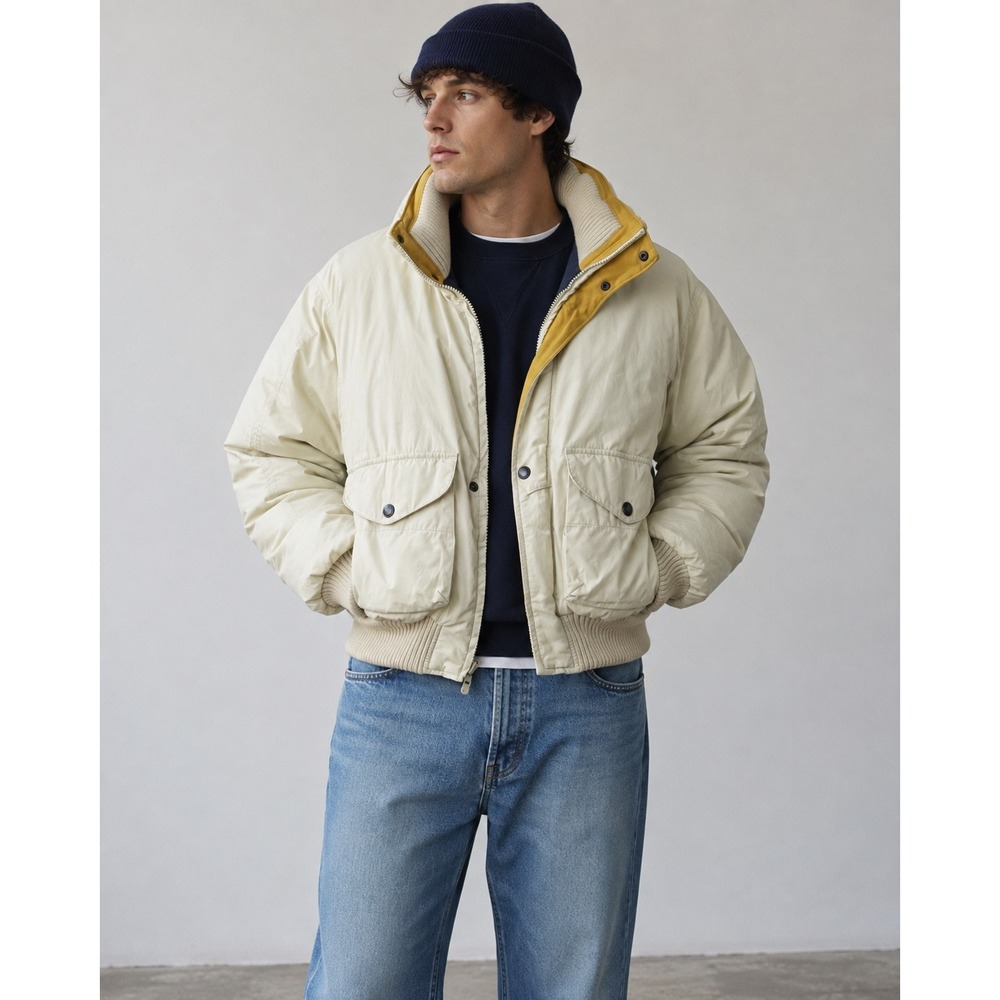 Vintage 90's Nautica Duck Down Puffer Jacket Mens Large Bomber Cream Streetwear